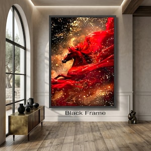 Majestic Red Horse Canvas Wall Art, Dynamic Horse Silhouette, Fiery Red Flowing Fabric, Gold Sparkle Abstract Canvas, Large Statement image 3