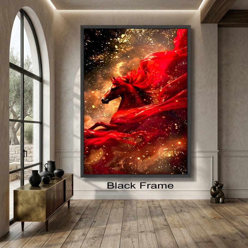 Majestic Red Horse Canvas Wall Art, Dynamic Horse Silhouette, Fiery Red Flowing Fabric, Gold Sparkle Abstract Canvas, Large Statement image 3