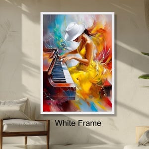 Elegant Woman Playing Piano Abstract Music Art, Yellow Dress Portrait, Modern Wall Art, Vibrant Colorful Decoration