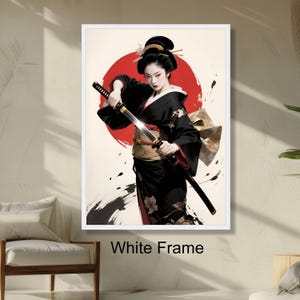 Samurai Geisha Warrior Wall Art, Japanese Kimono Sword Painting, Asian Culture Decor, Bold Red Sun Background, Ready to Hang