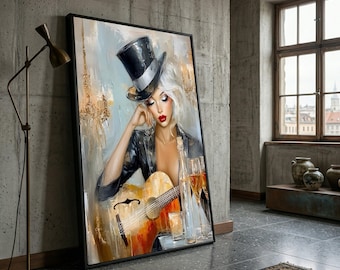 Elegant Woman with Guitar Canvas, Top Hat Portrait Wall Art, Glamorous Musician Painting, Large Stylish Home Decor Canvas