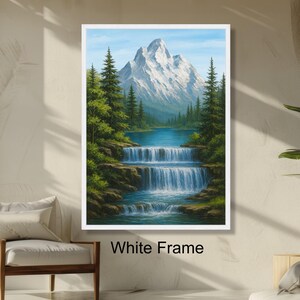 Majestic Mountain Waterfalls Nature Landscape Wall Art, Pine Trees River Scene, Tranquil Outdoor Decoration, Ready to Hang