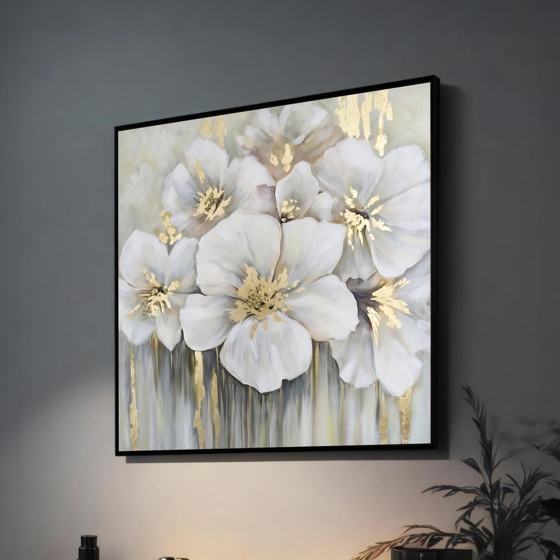 Elegant White Floral Canvas Painting with Gold Accents | Modern Flower Wall Art for Living Room | Luxury Nature-Inspired Home Decor