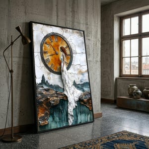 May include: Framed artwork depicting a woman in a white dress before a large clock face. The clock has Roman numerals and an orange-yellow background. The artwork has a textured, layered appearance with a black frame.