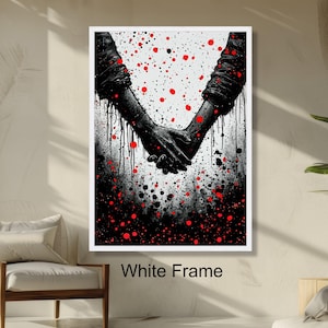 Holding Hands Wall Art, Abstract Black and Red Paint Splatter, Modern Love Wall Decor, Dripping Ink Effect, Emotional Expression