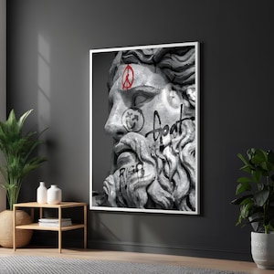 Graffiti on Classical Zeus Statue Leinwand Gemälde - Urbane Moderne Wanddekoration - Hohe Qualität, fertig zum Aufhängen - Perfekt für Büro oder Wohnzimmer
