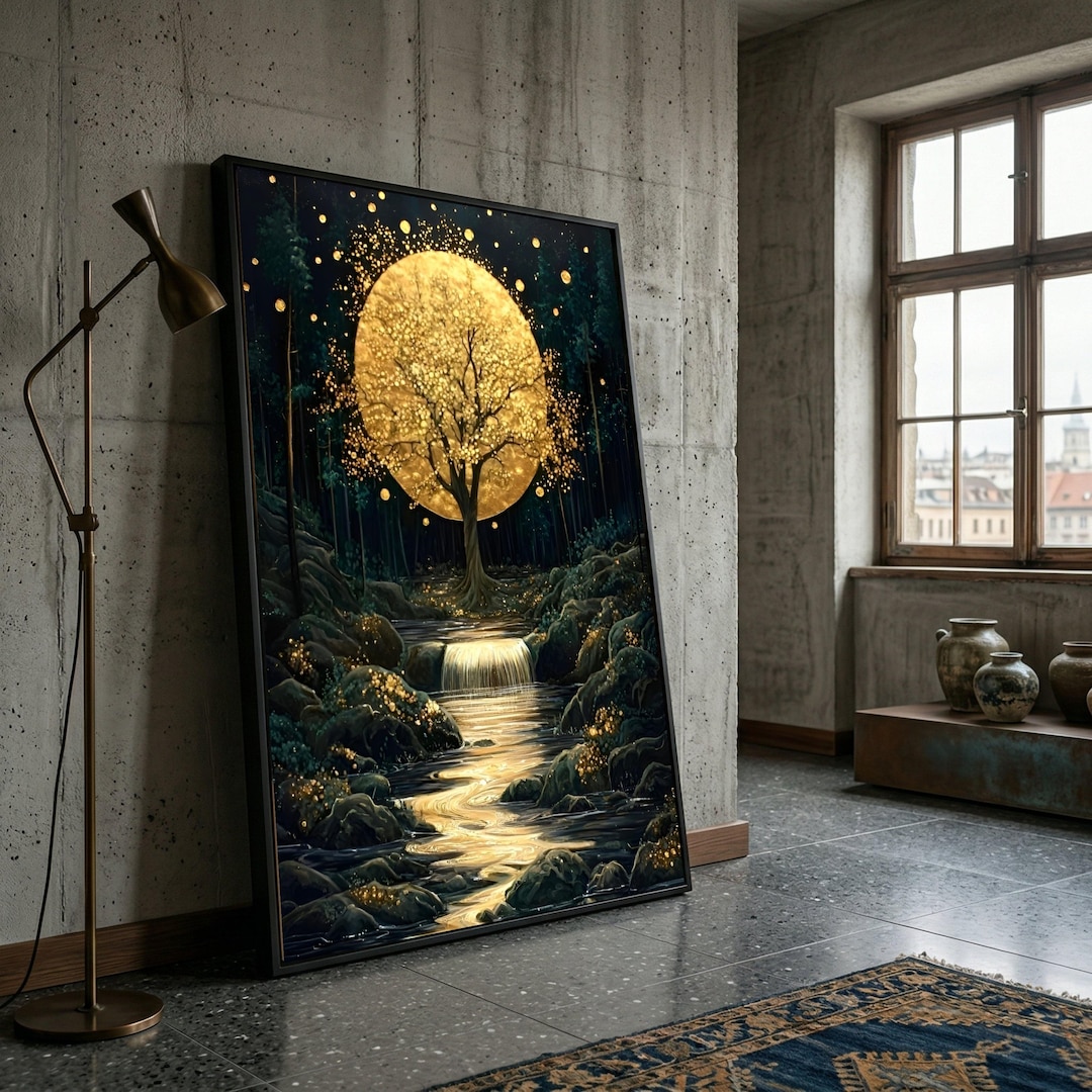 Golden Moonlit Tree Canvas Wall Art, Magical Night Forest Scene ...