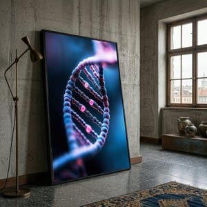 May include: A framed print of a DNA double helix. The artwork features a close-up view of the DNA structure, with a blue and pink color scheme. The print is leaning against a concrete wall in a room with a window.