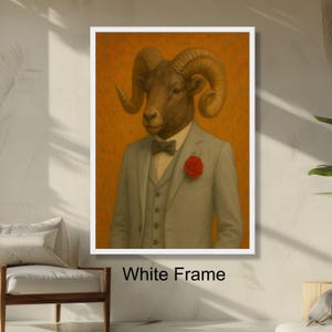 Elegant Ram Portrait Wall Art, Anthropomorphic Animal in Suit, Modern Rustic Home Decor, Unique Animal Art Print, Ready to Hang