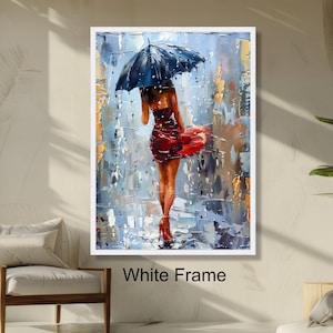 Elegant Woman in Red Dress with Umbrella, Abstract Rainy Scene Wall Art, Modern Impressionist Painting, Fashion Home Decor