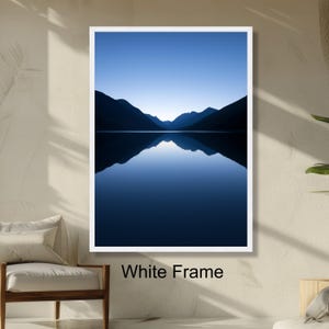 Tranquil Mountain Lake Reflection, Blue Horizon Serene Nature Wall Art, Calm Water Landscape, Peaceful Scenery
