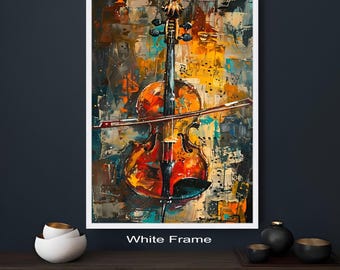 Abstract Violin Canvas Wall Art, Musical Instrument Painting, Colorful Music Notes Canvas, Contemporary Home Decoration, Ready to Hang