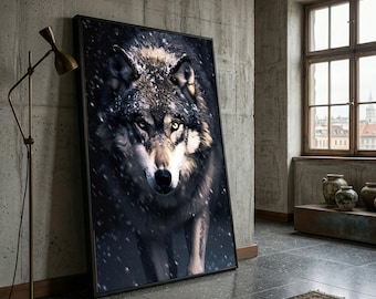 Majestic Wolf Portrait Canvas, Snowfall Wildlife Wall Art, Large Animal Print, Nature Scene Decoration, Rustic Home Canvas