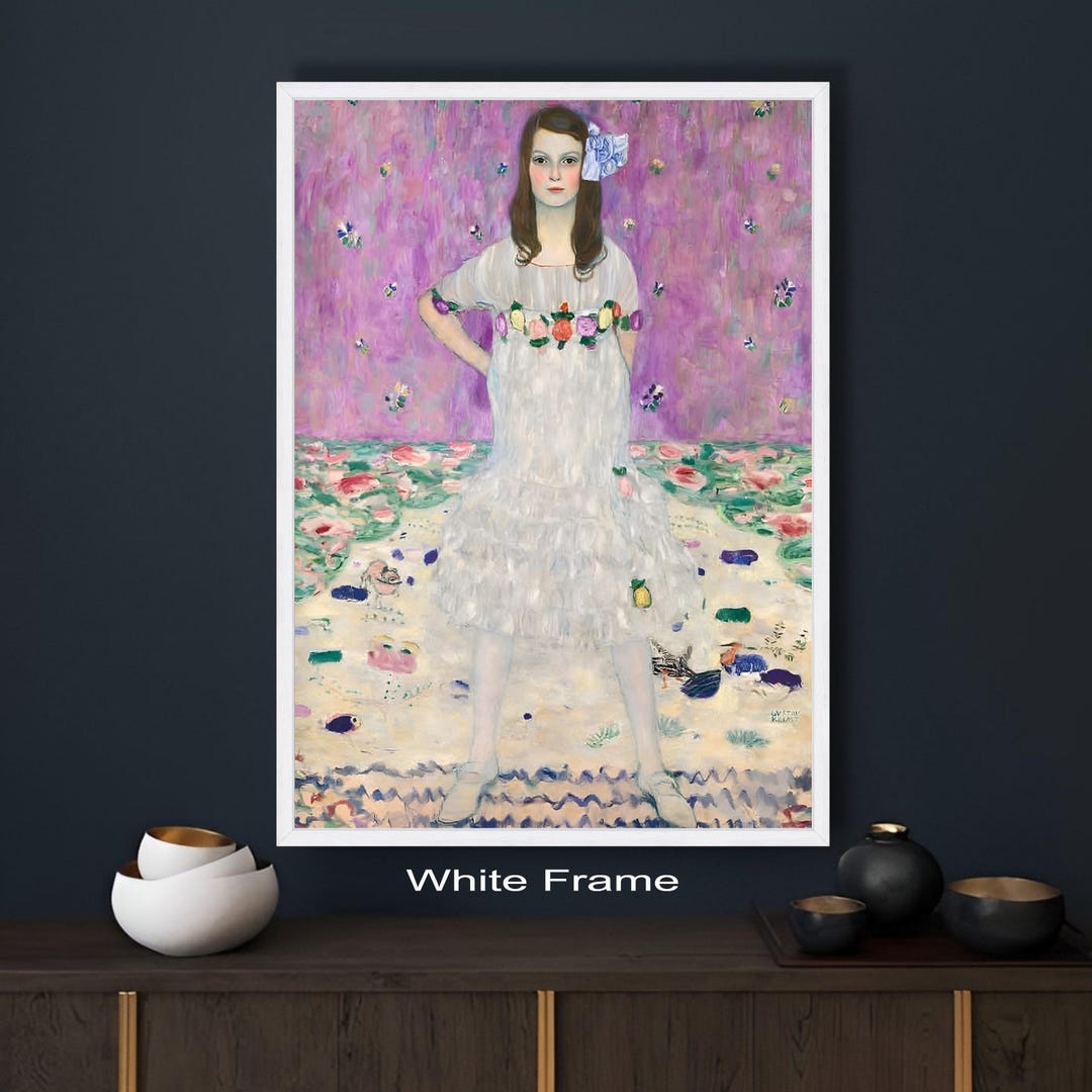 Gustav Klimt Portrait Canvas, Girl in White Dress Wall Art, Floral ...