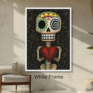 Colorful Day of the Dead Skeleton Sugar Skull Wall Art, Heart Patchwork Design, Mexican Folk Art Halloween Home Decor