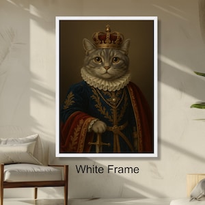 Regal Cat Portrait Royal Crown Wall Art, Baroque Style Cat Painting, Animal Kingdom Unique Home Decor, Ready to Hang