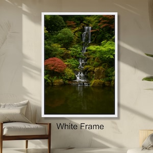 Tranquil Japanese Garden Waterfall Lush Greenery Wall Art, Peaceful Nature Scene Zen Home Decor, Ready to Hang Print