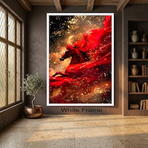 Majestic Red Horse Canvas Wall Art, Dynamic Horse Silhouette, Fiery Red Flowing Fabric, Gold Sparkle Abstract Canvas, Large Statement image 4