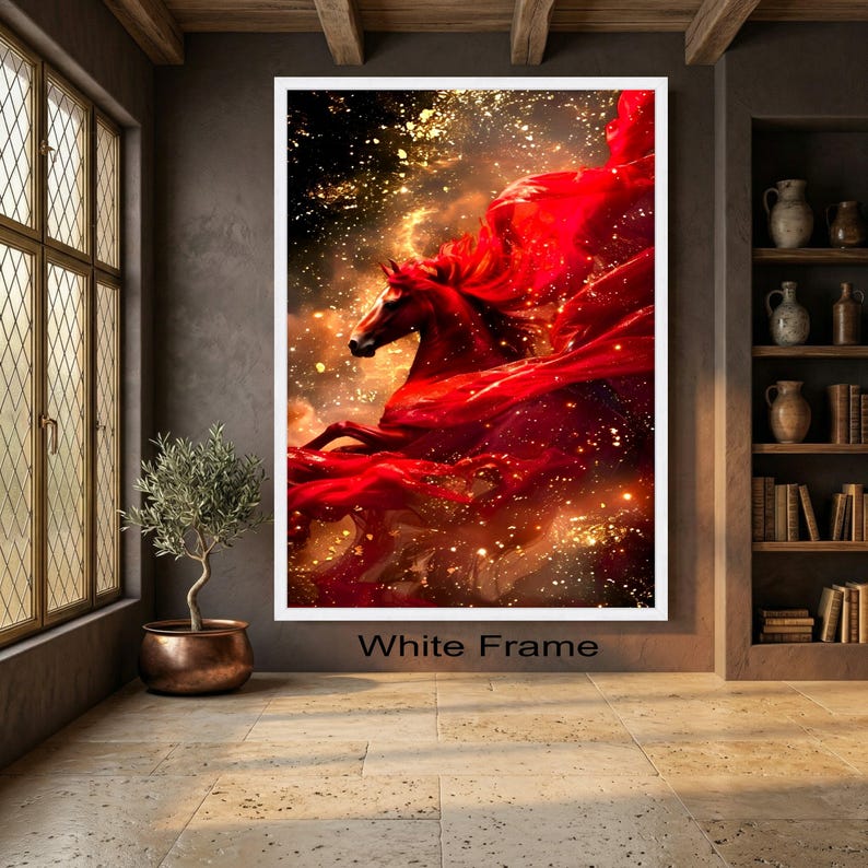 Majestic Red Horse Canvas Wall Art, Dynamic Horse Silhouette, Fiery Red Flowing Fabric, Gold Sparkle Abstract Canvas, Large Statement image 4