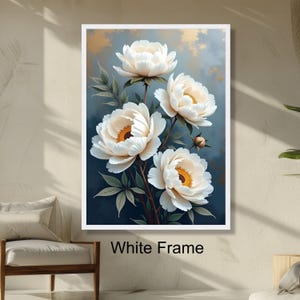 Elegant White Peonies Floral Wall Art, Botanical Print, Home Decor Flower Painting, Soft Blue Background Artwork