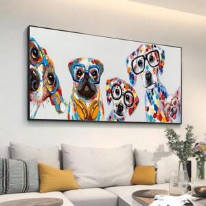 Décoration murale chien colorée - Chiens amusants et fantaisistes avec des lunettes pour une décoration intérieure moderne, cadeau parfait pour les amoureux des chiens