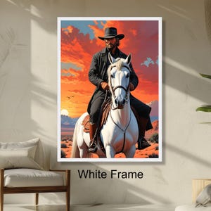 Western Cowboy Rider on White Horse Sunset Desert Landscape Wall Art, Wild West Horseback Scene, Rustic Home Decor