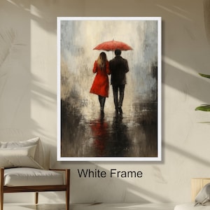 Romantic Couple Walking in Rain Red Umbrella Wall Art, Love and Rain Scene Painting, Moody Atmosphere Art, Cozy Home Decoration