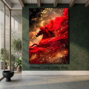 Majestic Red Horse Canvas Wall Art, Dynamic Horse Silhouette, Fiery Red Flowing Fabric, Gold Sparkle Abstract Canvas, Large Statement image 7