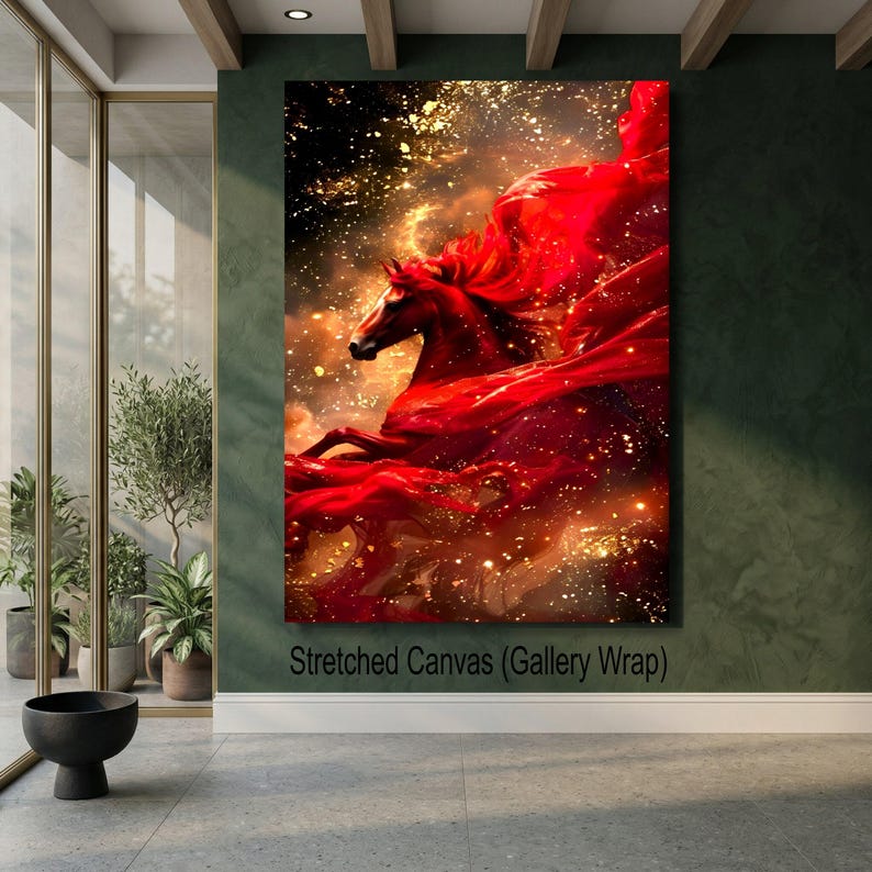 Majestic Red Horse Canvas Wall Art, Dynamic Horse Silhouette, Fiery Red Flowing Fabric, Gold Sparkle Abstract Canvas, Large Statement image 7