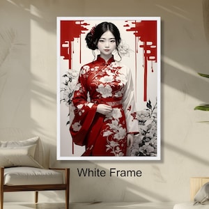 Elegant Asian Woman in Red Floral Kimono Traditional Japanese Art, Ethnic Portrait Wall Decoration, Floral Fashion Print, Home Decor
