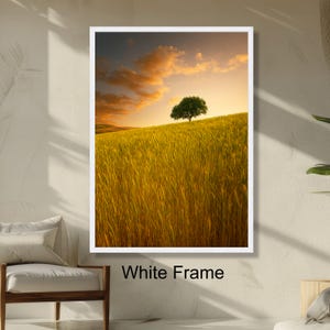 Golden Wheat Field Lone Tree Landscape Wall Art, Sunset Sky Nature Scene Decoration, Tranquil Countryside Print