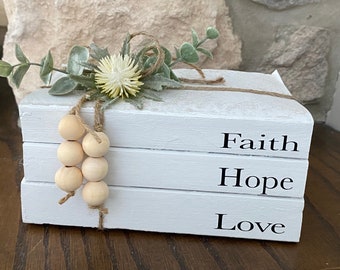 Decorative Books,Personalized Books,Books with Words on Spine,Painted Books,Books with names,Stacked Books, Farmhouse Décor, Faith Hope Love