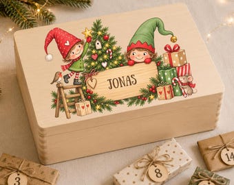 Adventskalender zum Befüllen – personalisierte Holzkiste mit Namen & Wichtelmotiv für Kinder
