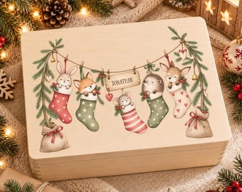 Adventskalender zum Befüllen – personalisierte Holzkiste mit Waldtieren & Name für Kinder