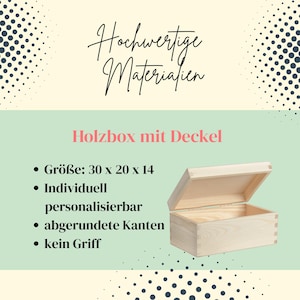 May include: A light-colored wooden box with a lid, open to reveal the interior. The box measures 11.8 x 7.9 x 5.5 inches. Text on the image reads "Holzbox mit Deckel" and "Hochwertige Materialien."