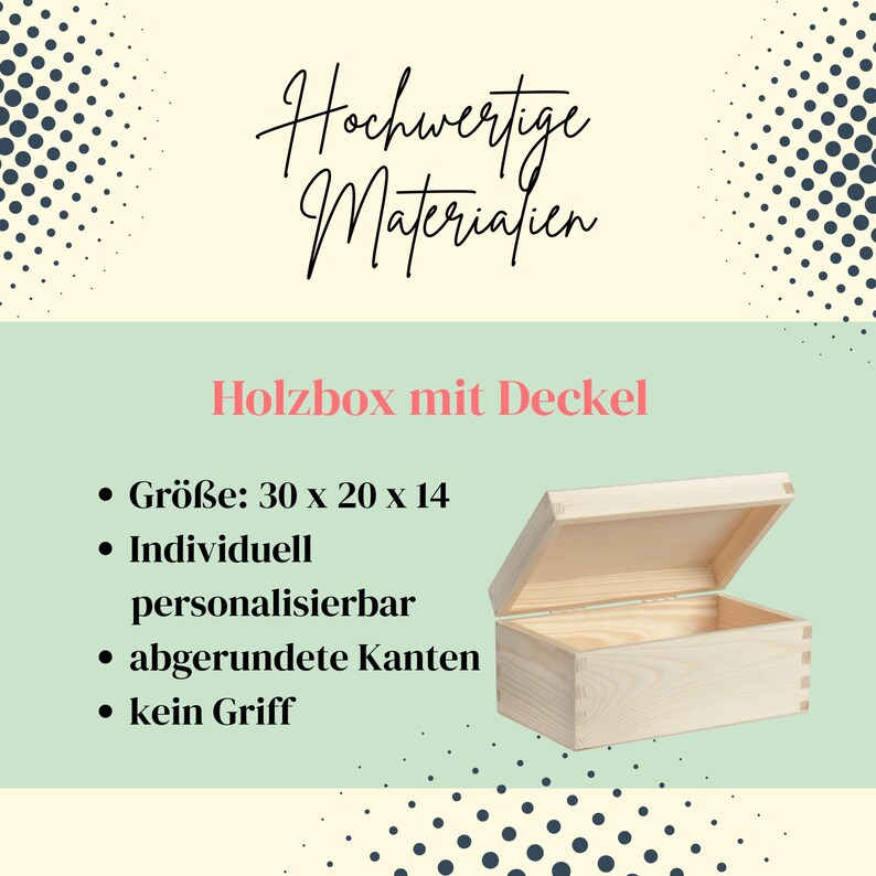 May include: A light-colored wooden box with a lid, open to reveal the interior. The box measures 11.8 x 7.9 x 5.5 inches. Text on the image reads "Holzbox mit Deckel" and "Hochwertige Materialien."