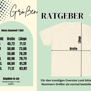 Pu&ograve; includere: Tabella delle taglie per una t-shirt di cotone unisex. La tabella mostra la taglia, la larghezza e la lunghezza in centimetri. La tabella include anche una nota sull'ordinazione di due taglie pi&ugrave; grandi per un look oversize.