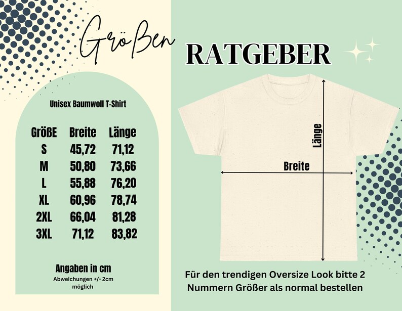 Pu&ograve; includere: Tabella delle taglie per una t-shirt di cotone unisex. La tabella mostra la taglia, la larghezza e la lunghezza in centimetri. La tabella include anche una nota sull'ordinazione di due taglie pi&ugrave; grandi per un look oversize.