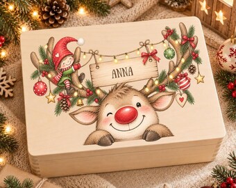 Adventskalender zum Befüllen – personalisierte Holzkiste mit Rentier & Wichtel für Kinder