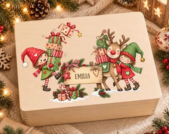 Adventskalender zum Befüllen – personalisierte Holzkiste mit Wichteln & Rentier für Kinder