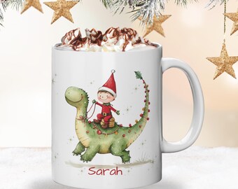Wichtel Tasse Dino – Personalisierte Weihnachtstasse als Geschenk für Kinder