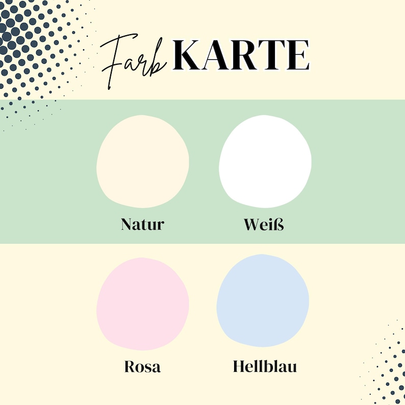 Pu&ograve; includere: Una cartella colori con le parole "Farb KARTE" in alto. La cartella mostra quattro colori: Natur, Wei&szlig;, Rosa e Hellblau.
