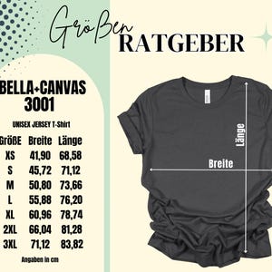 Puede incluir: Una tabla de tallas para una camiseta de jersey unisex Bella + Canvas 3001. La tabla muestra la talla, el ancho y la longitud en cent&iacute;metros para las tallas XS a 3XL.