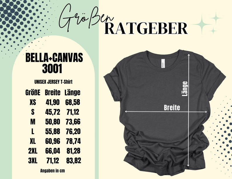 Puede incluir: Una tabla de tallas para una camiseta de jersey unisex Bella + Canvas 3001. La tabla muestra la talla, el ancho y la longitud en cent&iacute;metros para las tallas XS a 3XL.