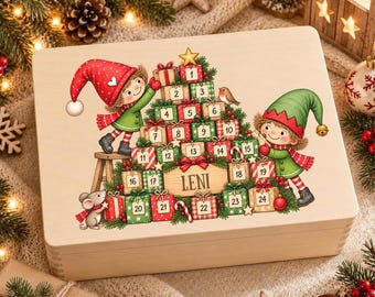 Adventskalender zum Befüllen – personalisierte Holzkiste mit Wichteln & Wunschnamen für Kinder