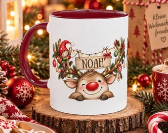 Tasse personalisiert mit Namen – Weihnachtstasse für Kinder mit Wichtel & Rentier, Weihnachtsgeschenk