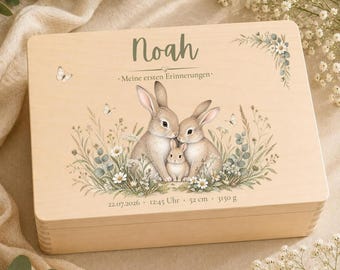 Erinnerungskiste Baby personalisiert – Holzkiste mit Namen & Häschen, Geschenk zur Geburt