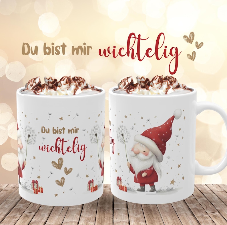 Süße Weihnachtstasse mit Wichtelmotiv und der Aufschrift "Du bist mir wichtelig".