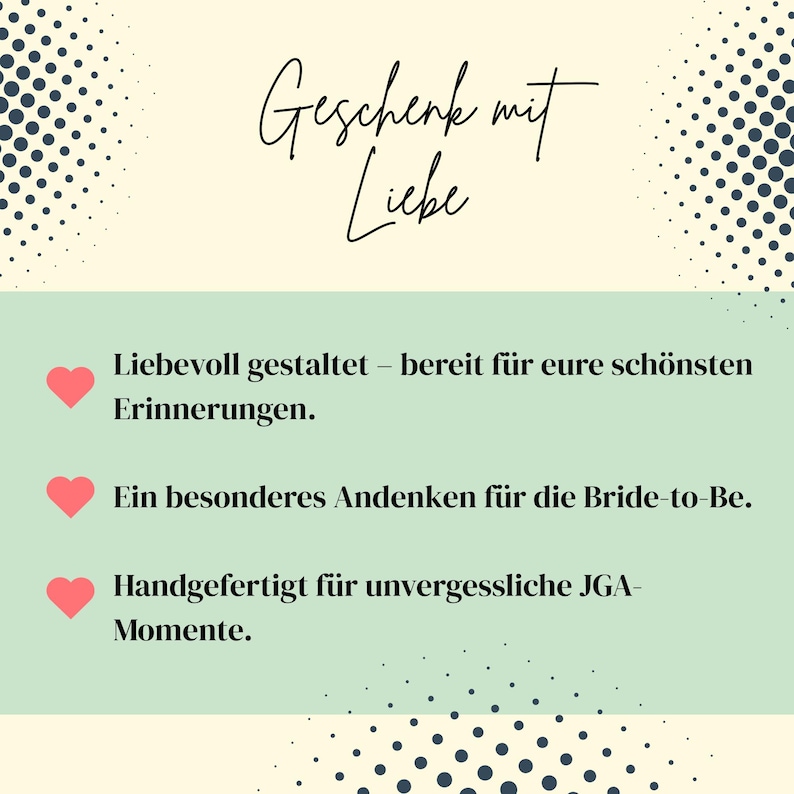 May include: A graphic with the text "Geschenk mit Liebe" in elegant script. Below, text in German reads: "Lovingly designed - ready for your most beautiful memories." Additional text includes "A special keepsake for the Bride-to-Be."