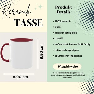 May include: White ceramic mug with a burgundy interior and handle. The mug is 9.50 cm tall and 8.00 cm wide. The mug has the word "Keramik TASSE" in the image.